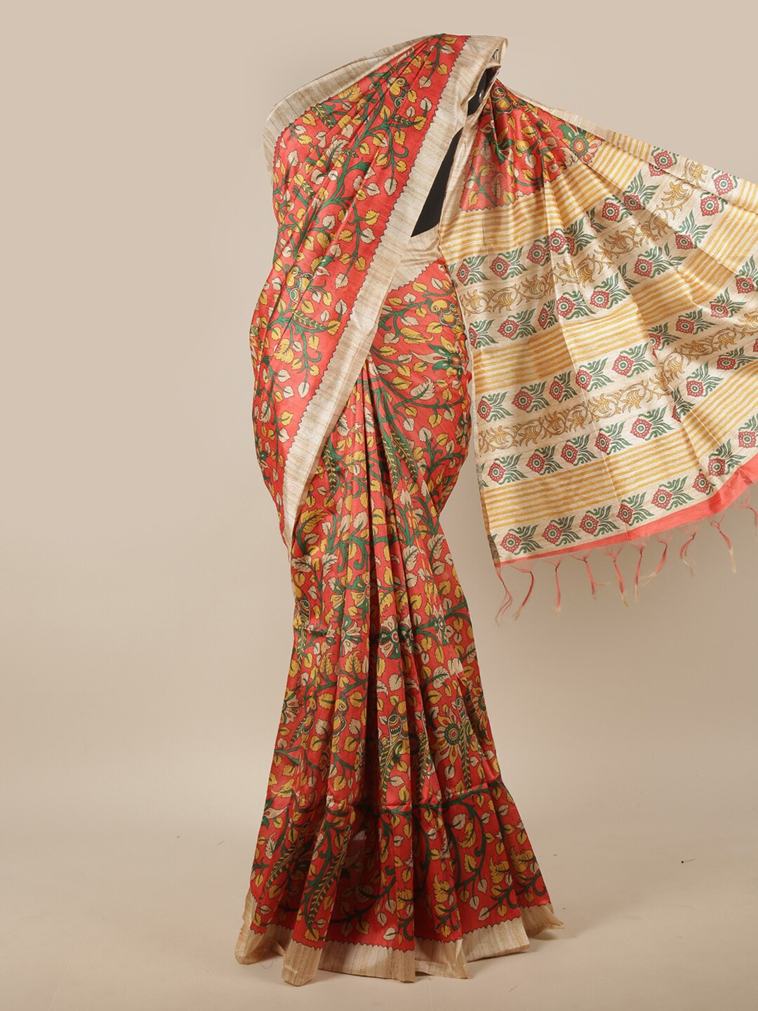 

Pothys Orange & Yellow Floral Printed Jute Silk Saree