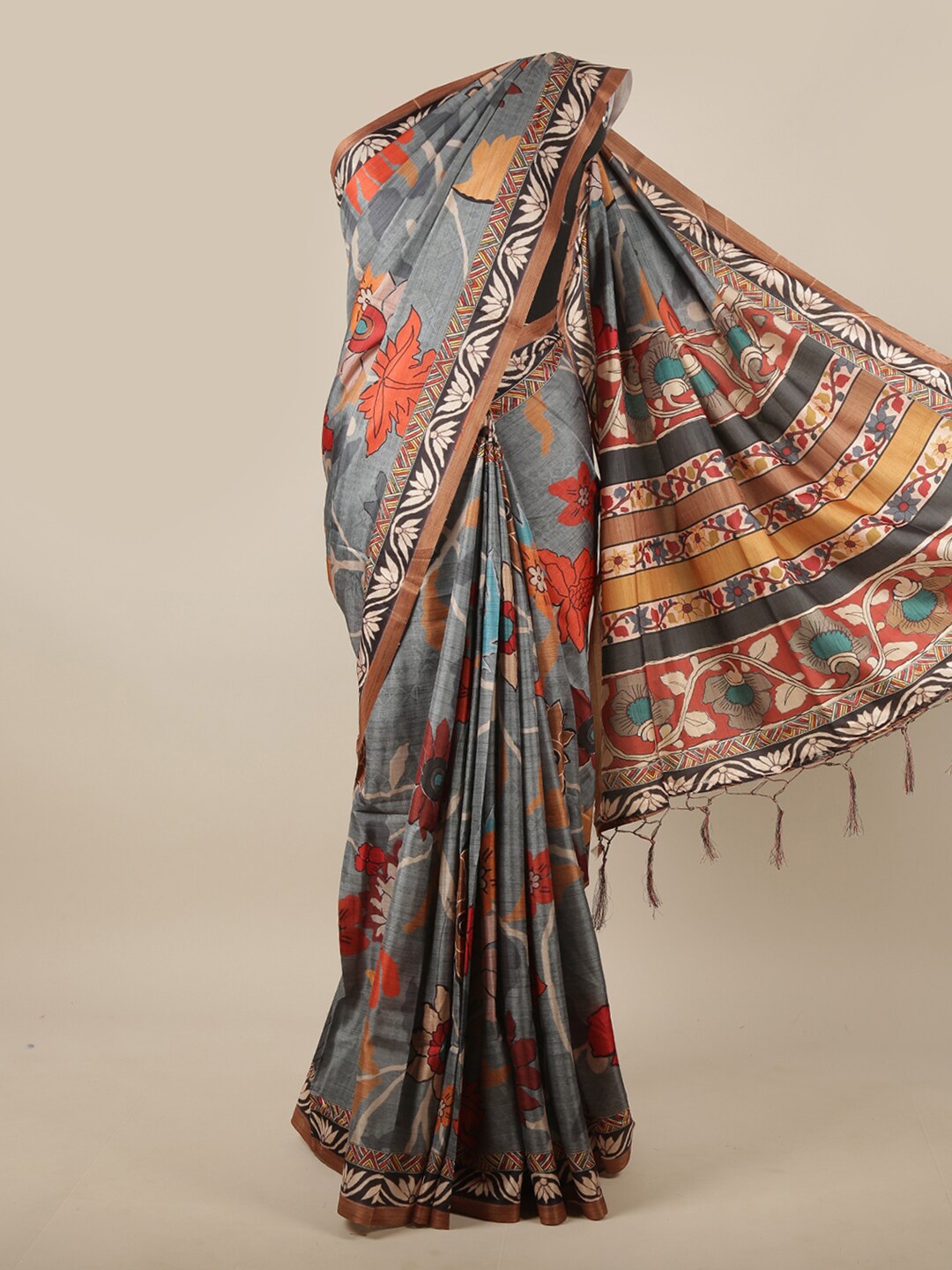 

Pothys Grey & Orange Floral Jute Silk Saree