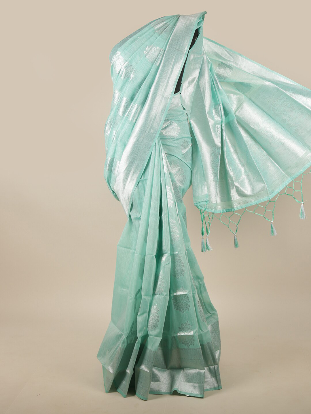 

Pothys Green & Silver-Toned Woven Design Zari Jute Silk Saree