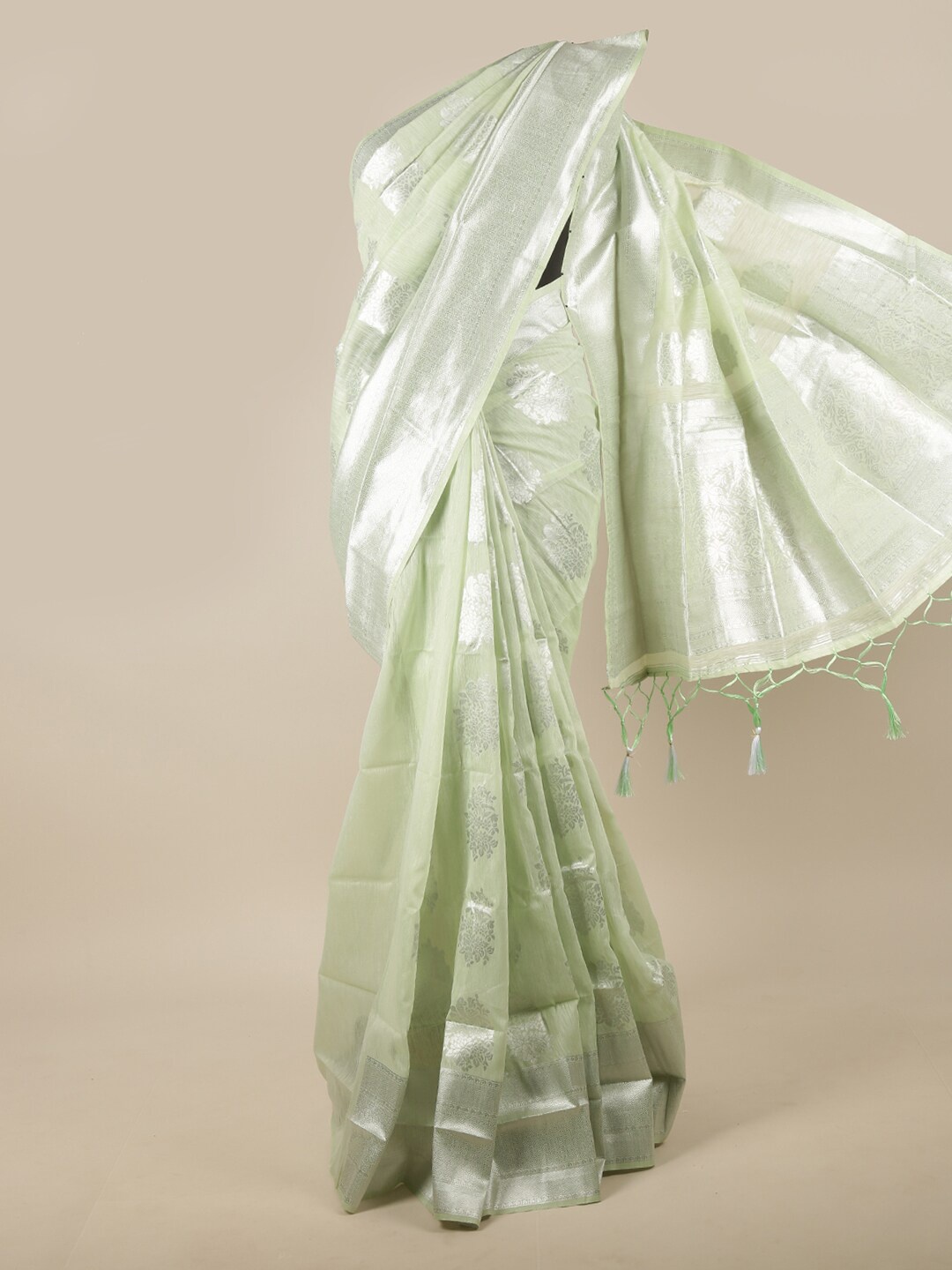 

Pothys Green & Silver-Toned Ethnic Motifs Zari Jute Silk Saree
