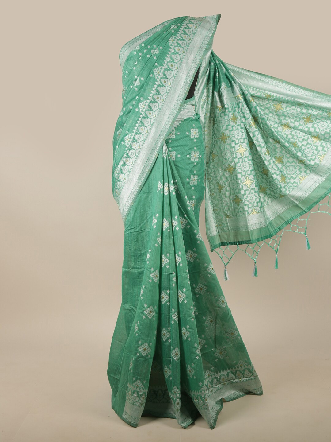 

Pothys Green & Silver-Toned Ethnic Motifs Zari Jute Silk Saree
