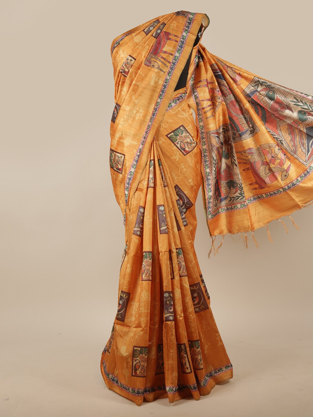 

Pothys Mustard & Brown Ethnic Motifs Jute Silk Saree