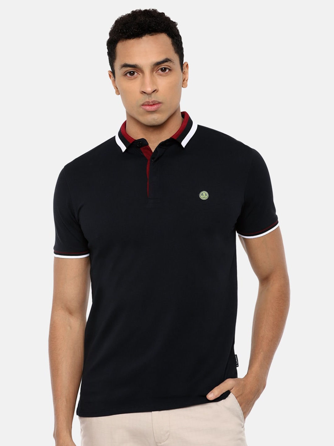 

V Dot Men Black Polo Collar Slim Fit Pure Cotton T-shirt