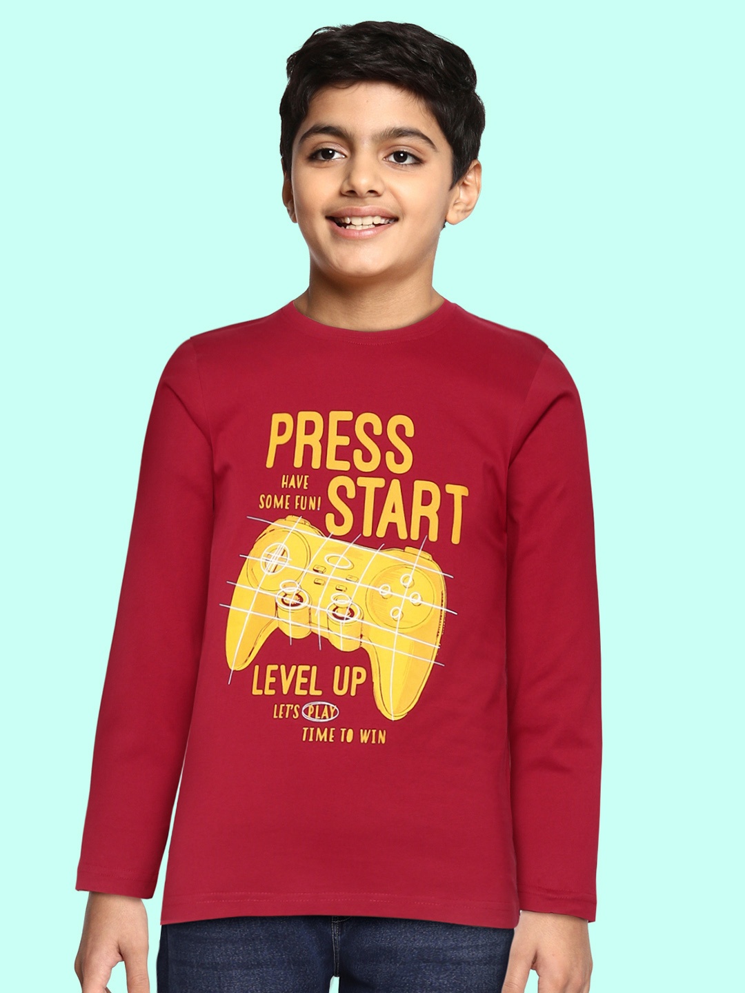

Gini and Jony Boys Red & Mustard Yellow Pure Cotton Typography Print T-shirt