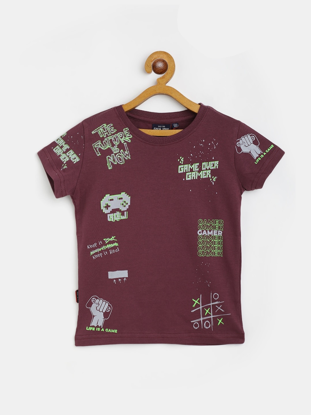 

Gini and Jony Boys Burgundy & Grey Pure Cotton Typography Printed T-shirt