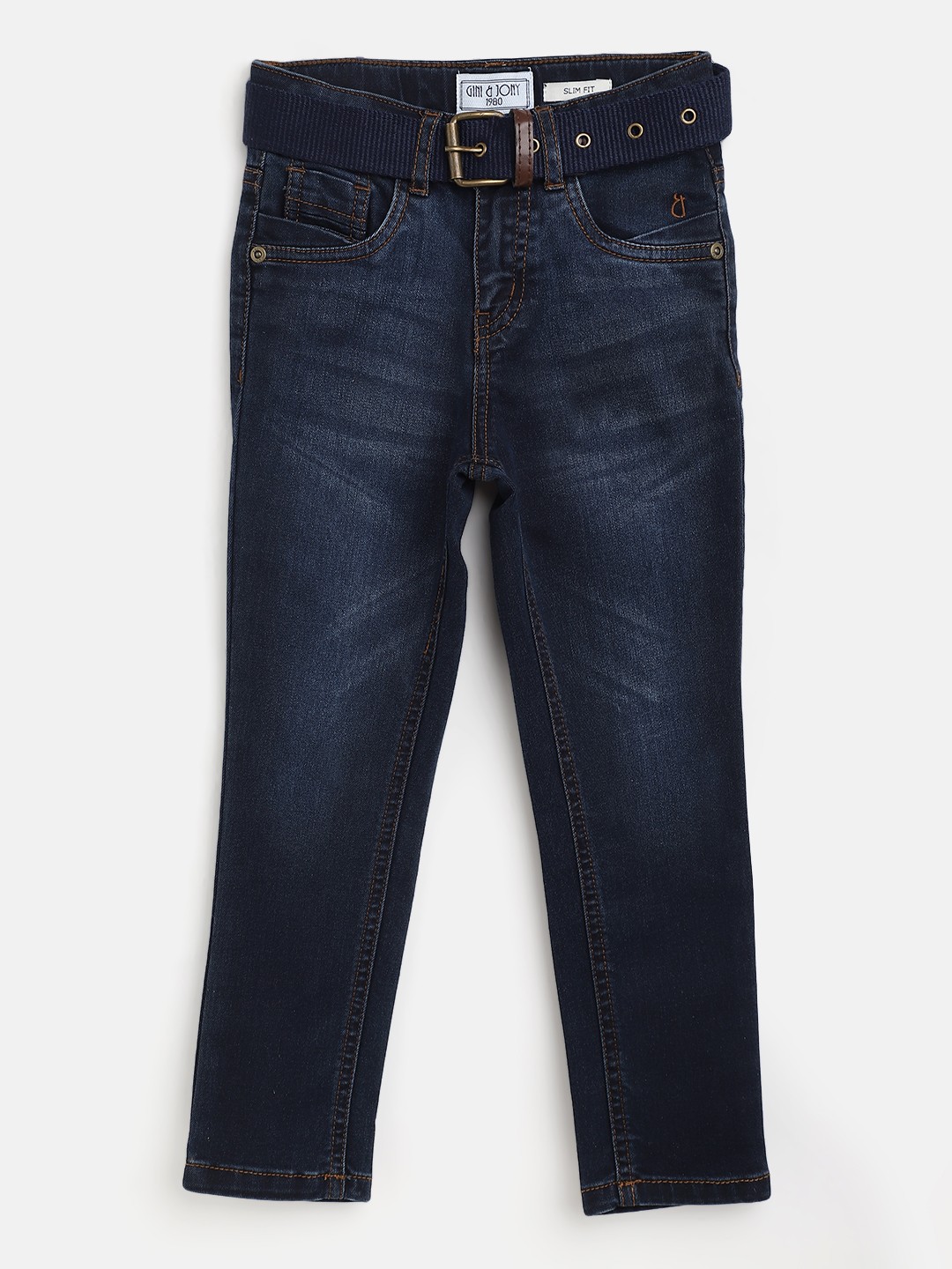 

Gini and Jony Boys Navy Blue Slim Fit Light Fade Stretchable Jeans with Belt