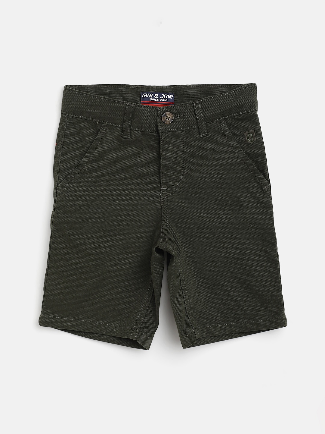 

Gini and Jony Boys Olive Green Solid Chino Shorts