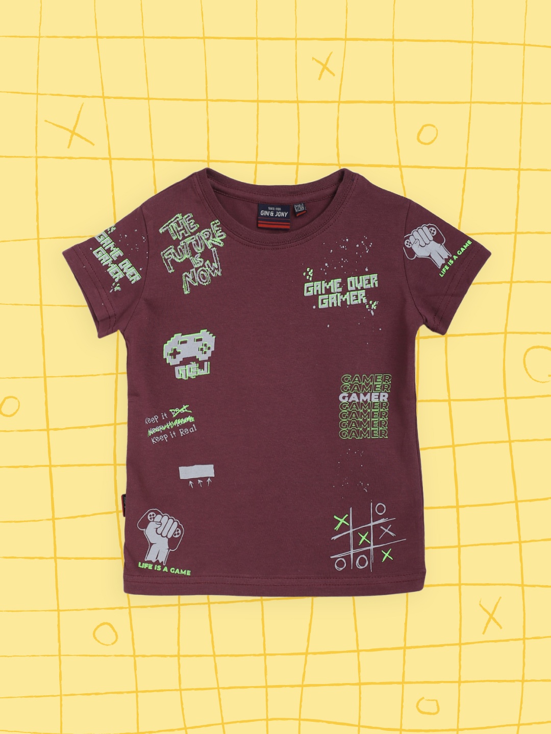 

Gini and Jony Boys Burgundy & Grey Pure Cotton Typography Printed T-shirt