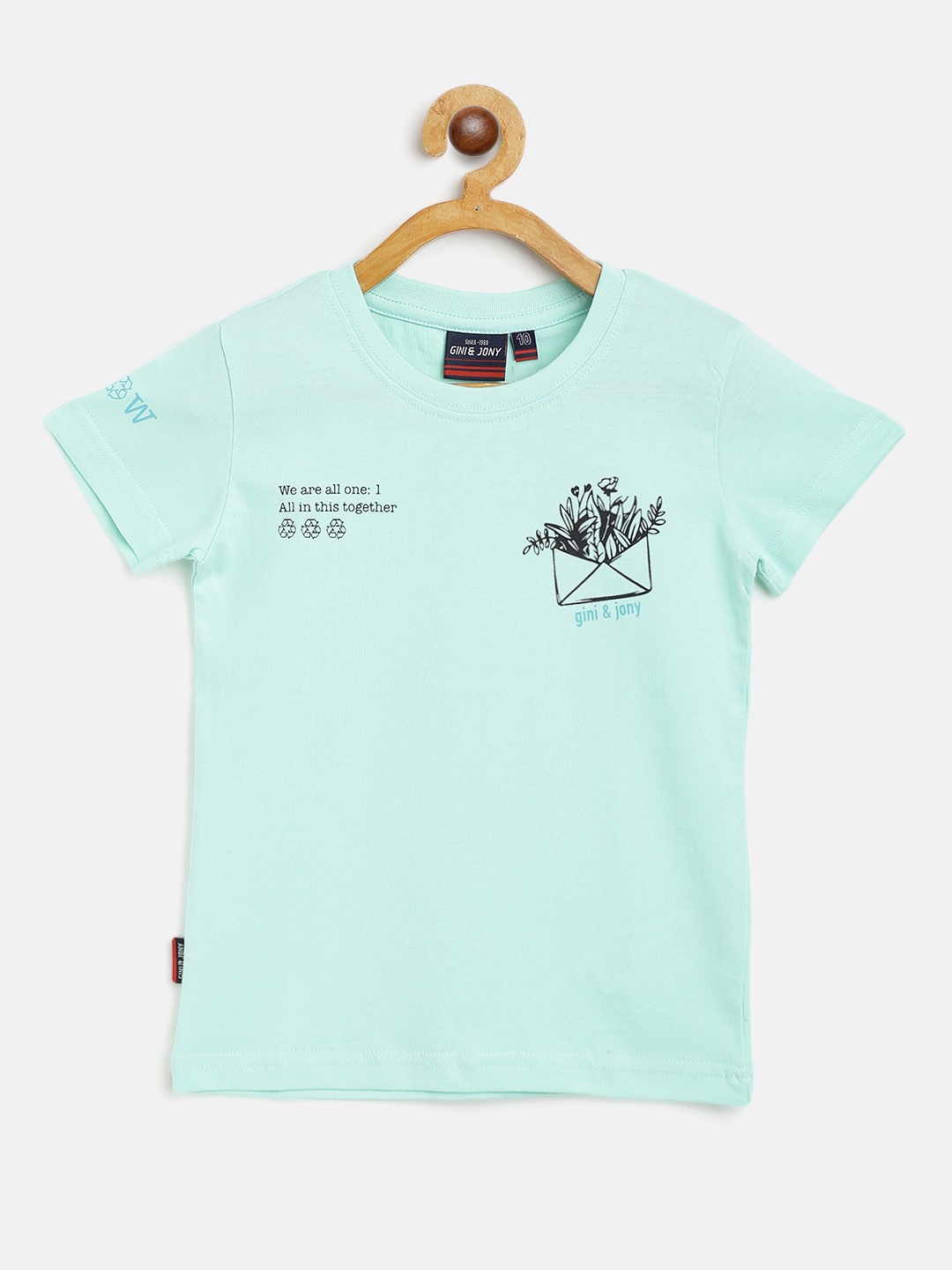 

Gini and Jony Boys Sea Green & Black Pure Cotton Typography Printed Back T-shirt