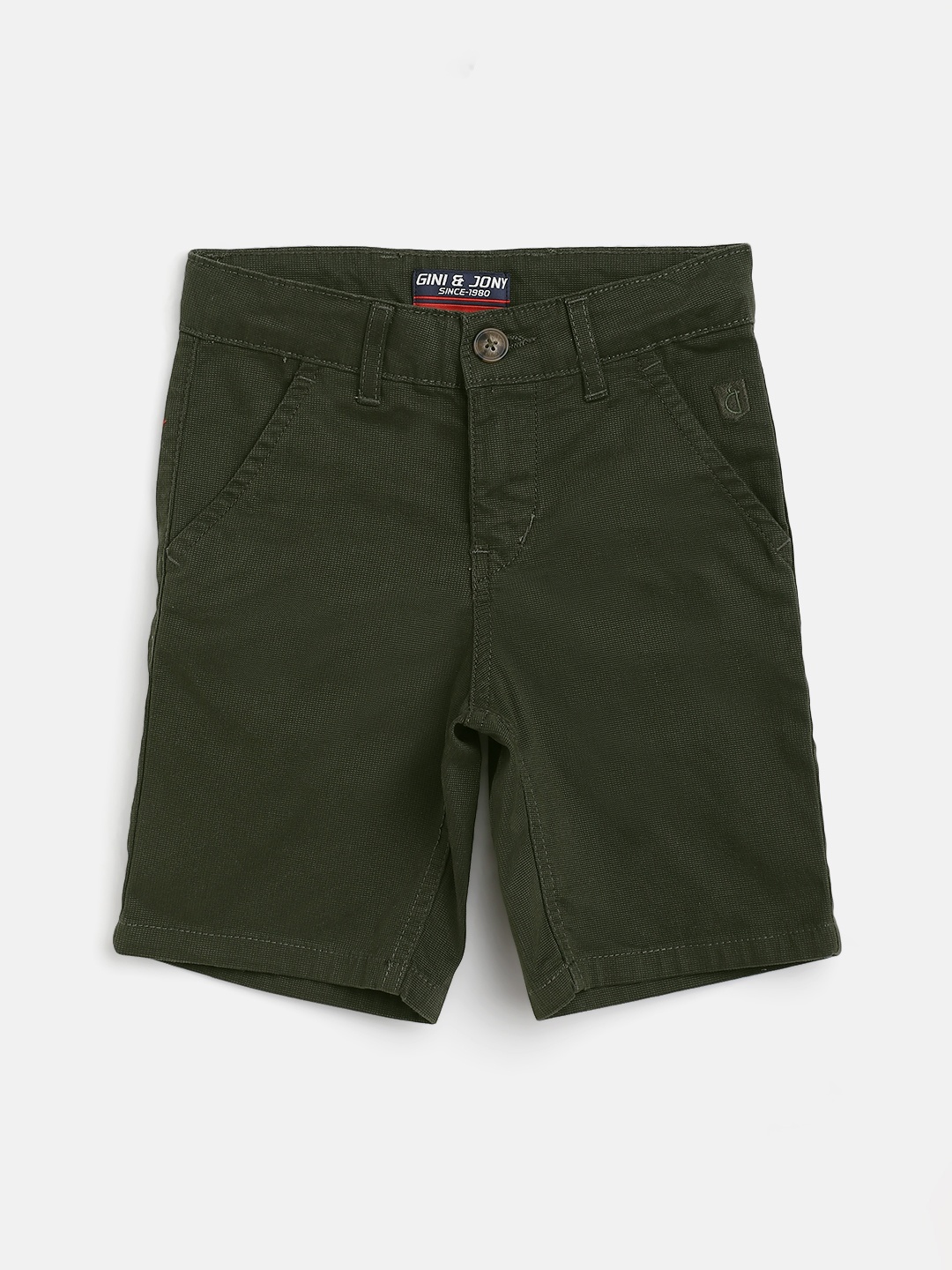 

Gini and Jony Boys Olive Green Self Design Chino Shorts