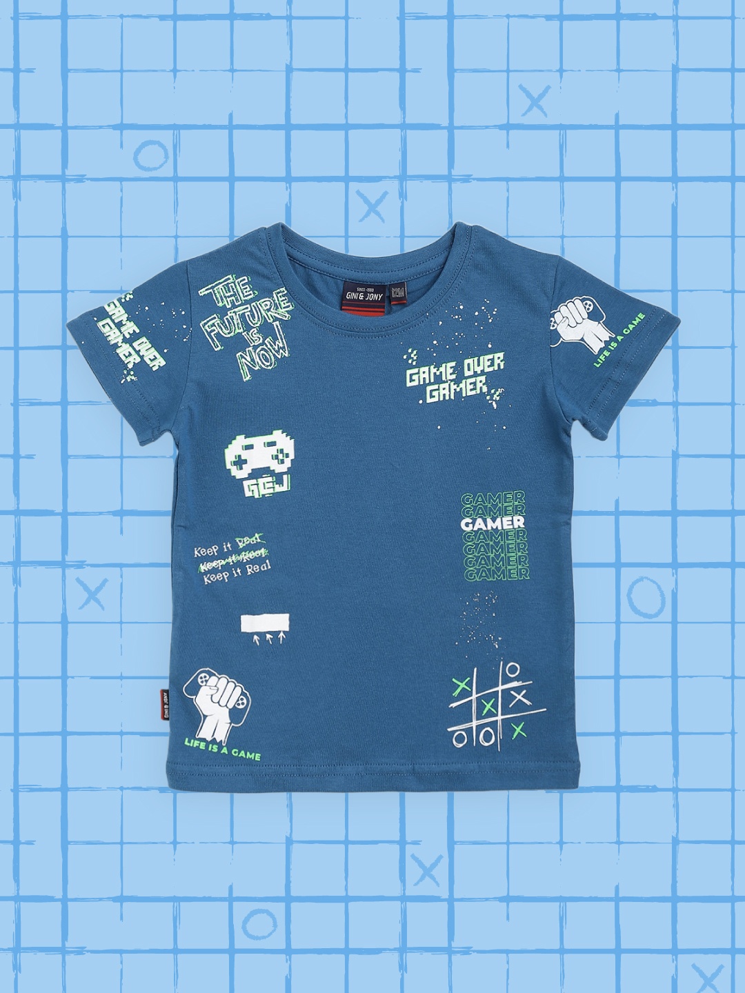 

Gini and Jony Infant Boys Teal Blue & White Pure Cotton Typography Printed T-shirt