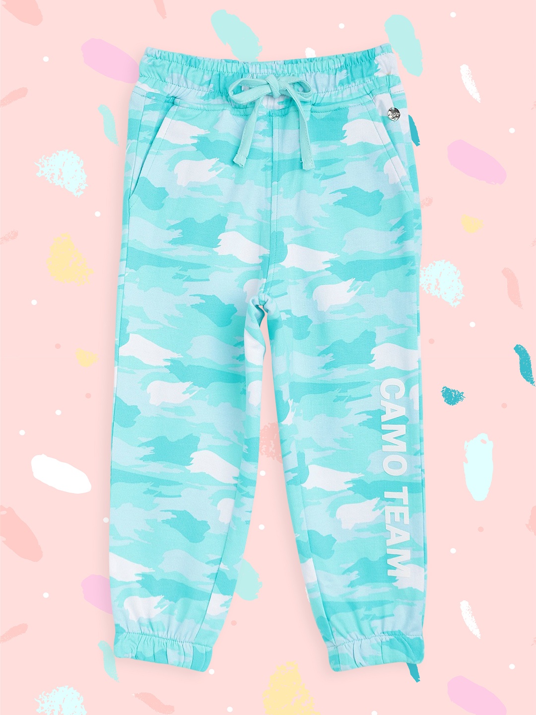 

Gini and Jony Girls Turquoise Blue & White Pure Cotton Camouflage Print Joggers