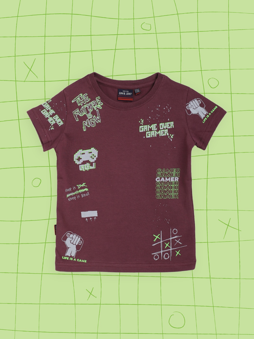 

Gini and Jony Infant Boys Burgundy & Grey Pure Cotton Typography Printed T-shirt