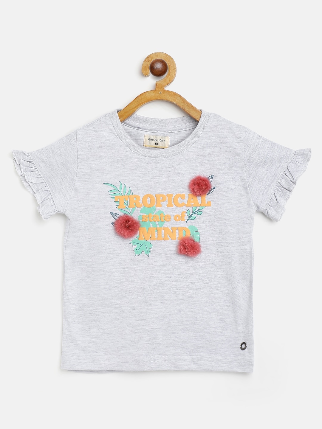 

Gini and Jony Grey & Orange Pure Cotton Typography Print Top with Pom-Pom