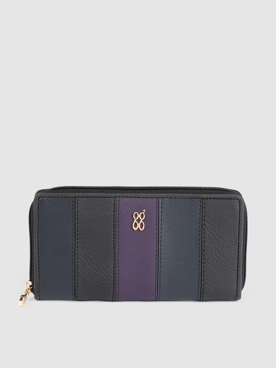 

Baggit Women Black & Navy Blue Colourblocked Applique Zip Around Wallet