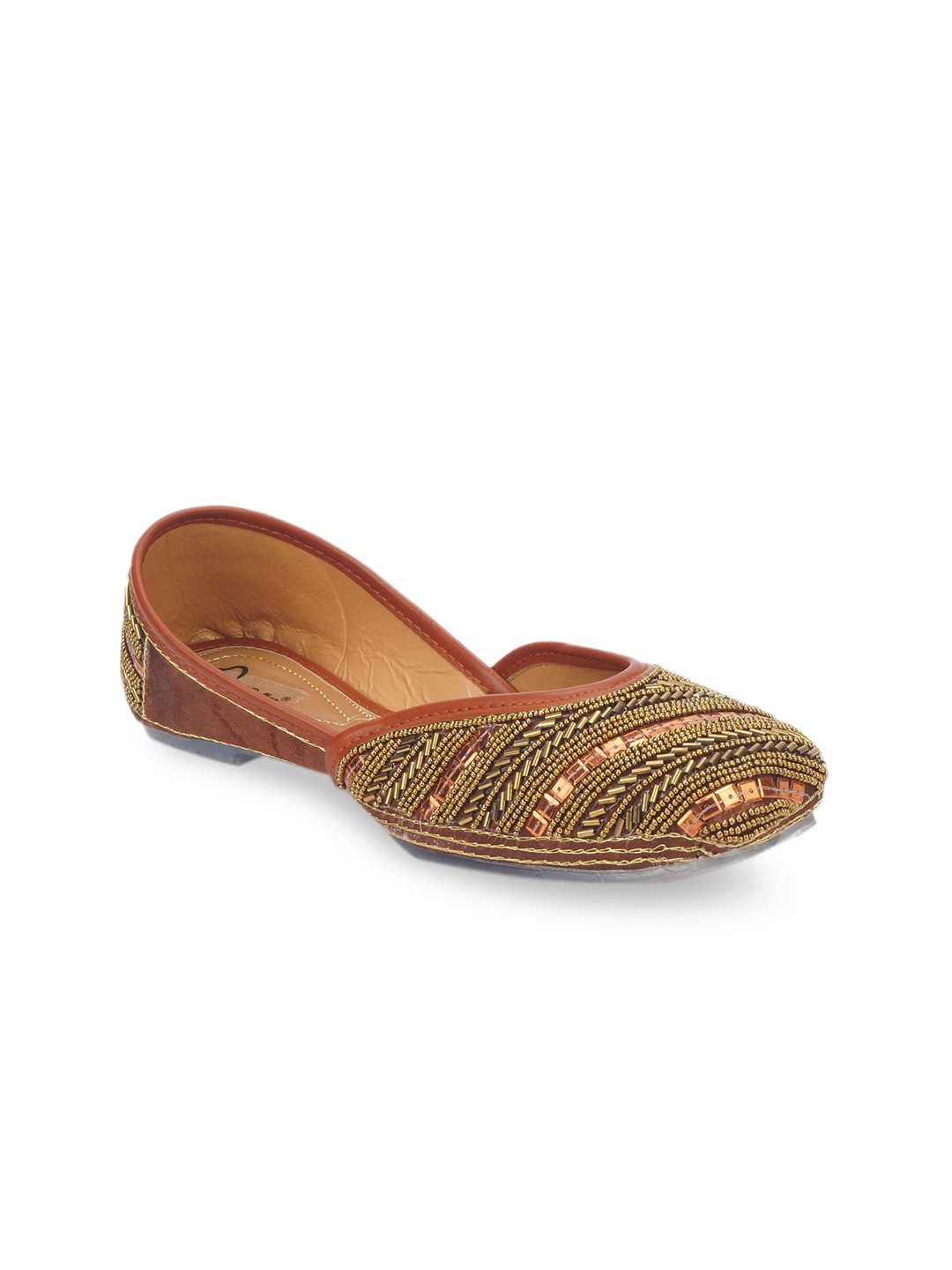 

The Desi Dulhan Women Brown Embellished Leather Party Mojaris Flats