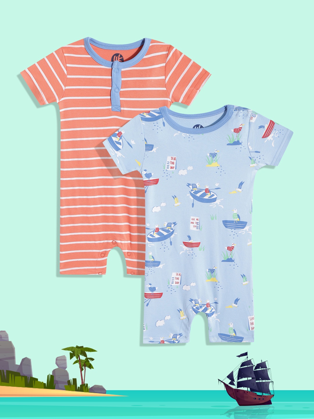 

YK Infant Boys Pack of 2 Cotton Rompers, Blue