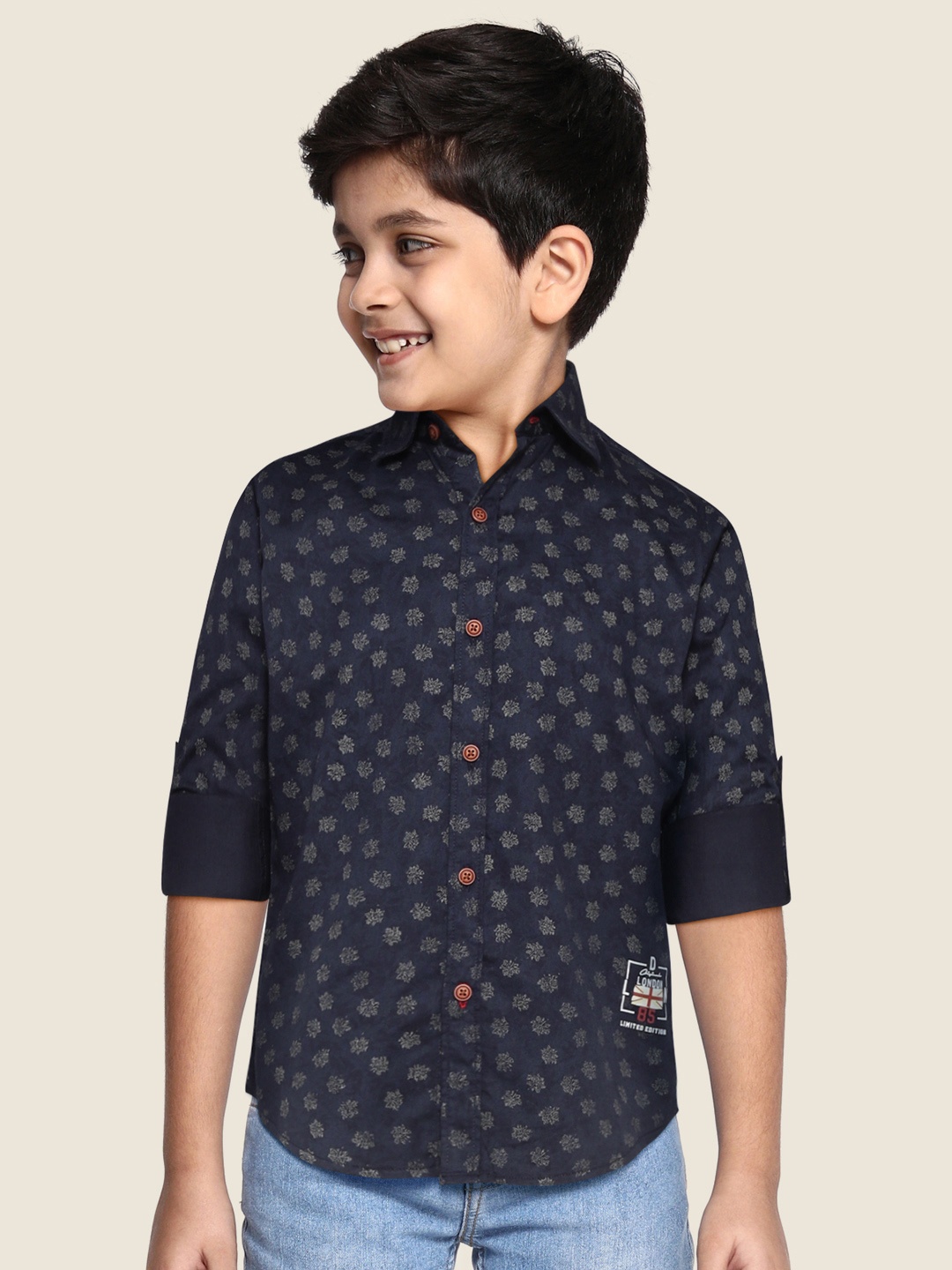 

Monte Carlo Boys Navy Blue & Beige Printed Casual Shirt