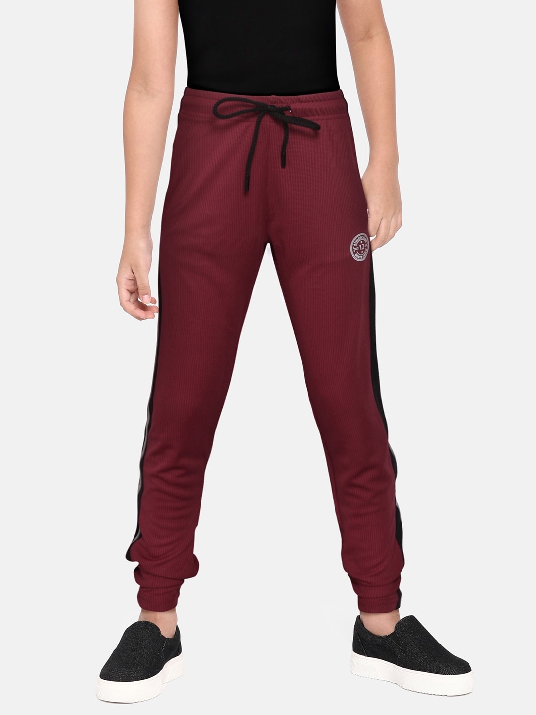 

Monte Carlo Boys Maroon & Black Houndstooth Print Track Pants with Side Taping