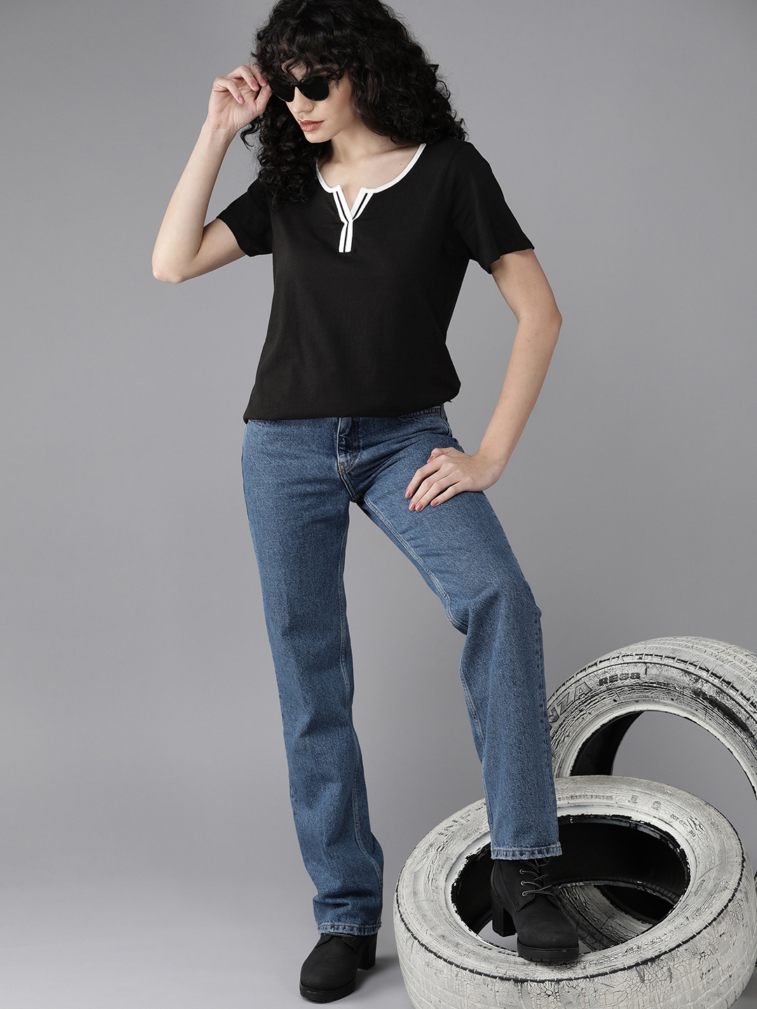 

Roadster Women Black & White Solid Pure Cotton T-shirt