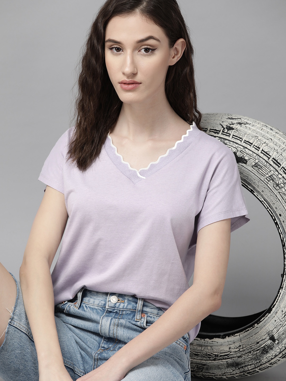 

The Roadster Lifestyle Co. Women Lavender Solid Pure Cotton Extended Sleeves T-shirt