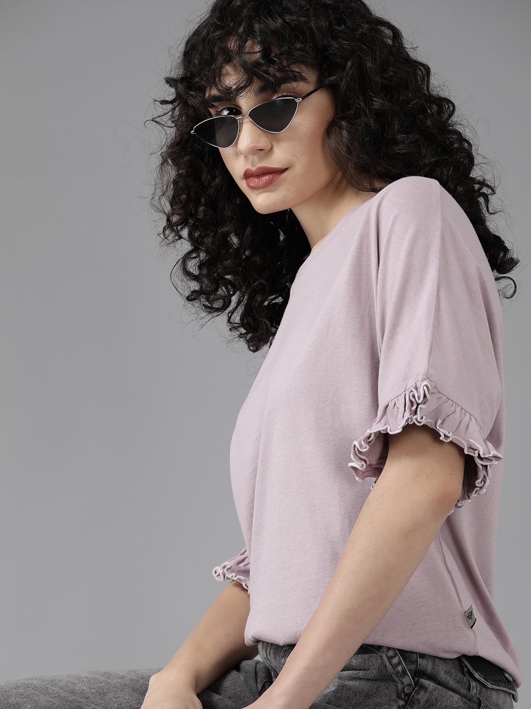 

Roadster Women Lavender Solid Pure Cotton Extended Sleeves Top