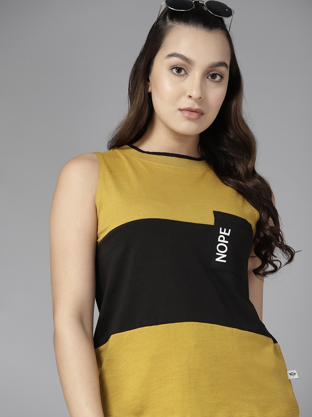 

The Roadster Lifestyle Co. Striped Pure Cotton Pocket Detail Sleeveless T-shirt, Mustard