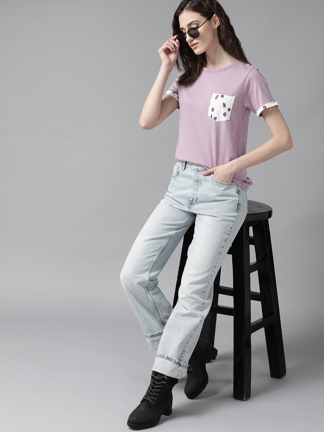 

The Roadster Lifestyle Co. Women Lavender Solid Pure Cotton T-shirt With Pocket