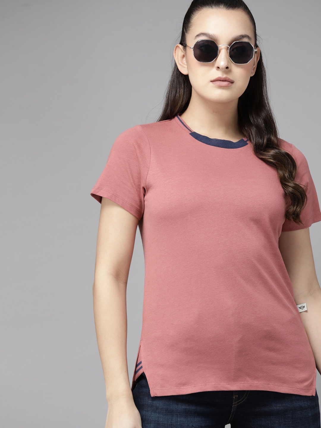 

The Roadster Lifestyle Co. Women Solid Pure Cotton T-shirt, Rose