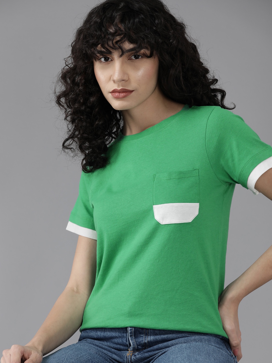 

The Roadster Lifestyle Co. Women Green & White Solid Pure Cotton T-shirt