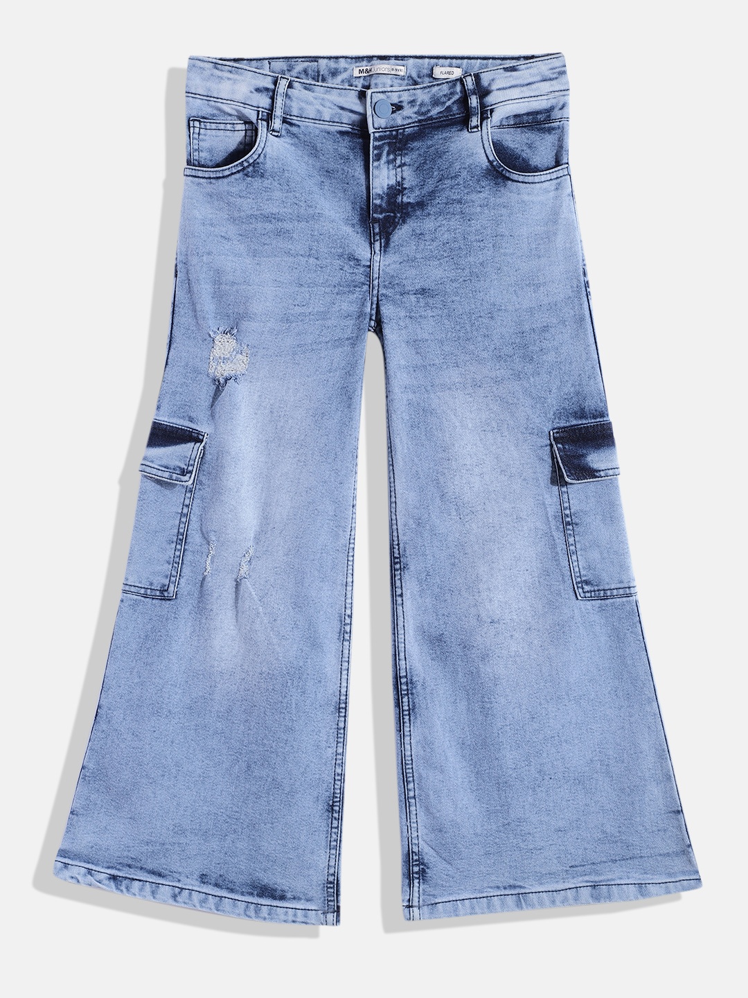 

M&H Juniors Girls Flared Low Distress Light Fade Stretchable Jeans, Blue