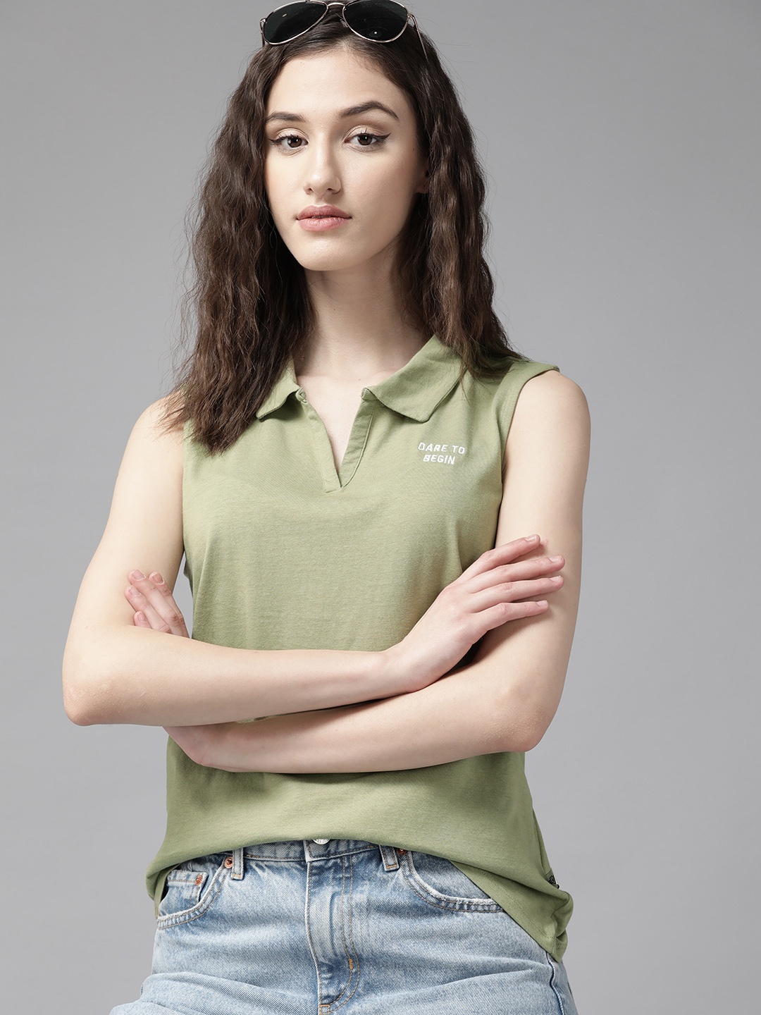 

The Roadster Lifestyle Co. Women Olive Green Solid Pure Cotton Sleeveless Polo T-shirt