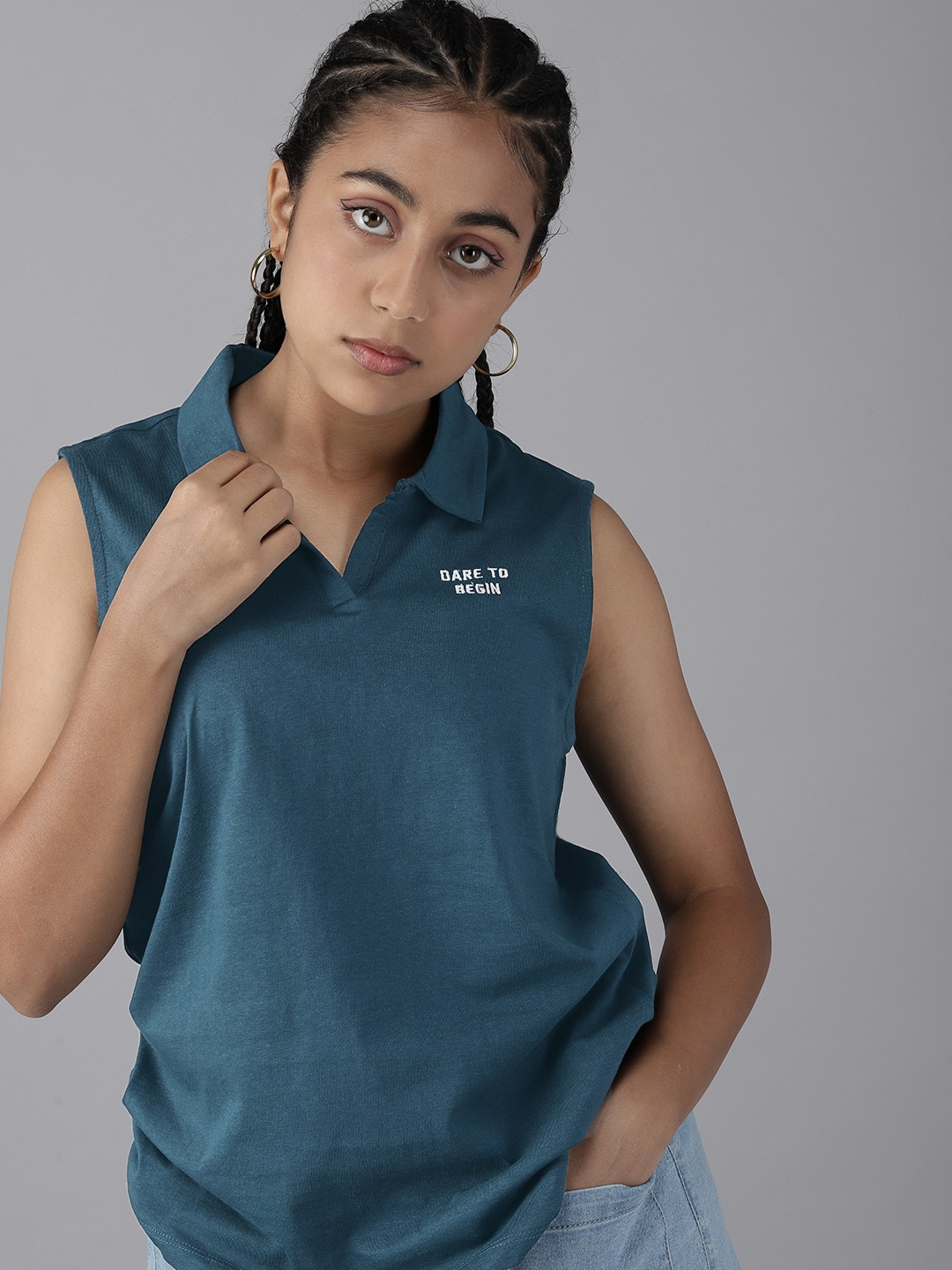 

UTH by Roadster Teen Girls Pure Cotton Polo Collar T-shirt, Teal