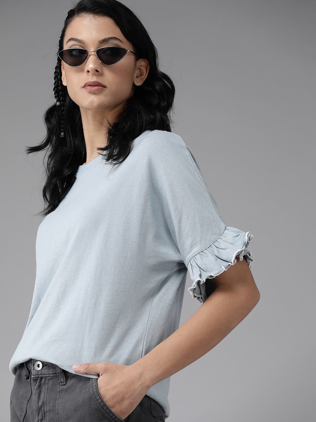 

Roadster Women Blue Solid Pure Cotton Extended Sleeves Top