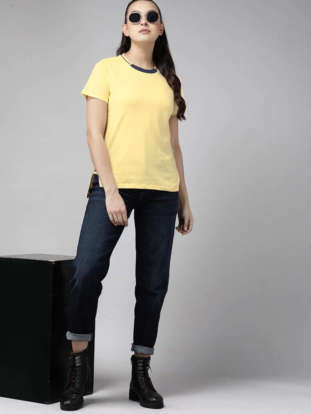 

The Roadster Lifestyle Co. Women Solid Pure Cotton T-shirt, Yellow