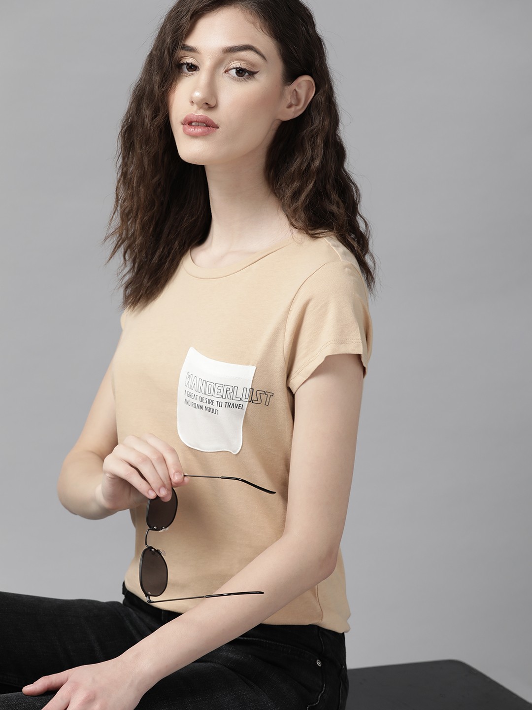 

The Roadster Lifestyle Co. Women Beige & White Solid Pure Cotton T-shirt