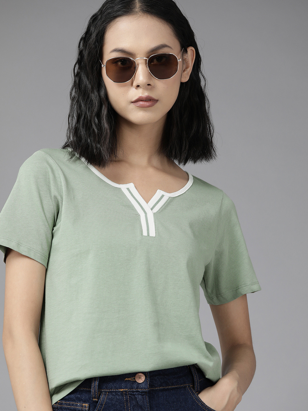 

The Roadster Lifestyle Co. Women Sage Green Solid Pure Cotton T-shirt