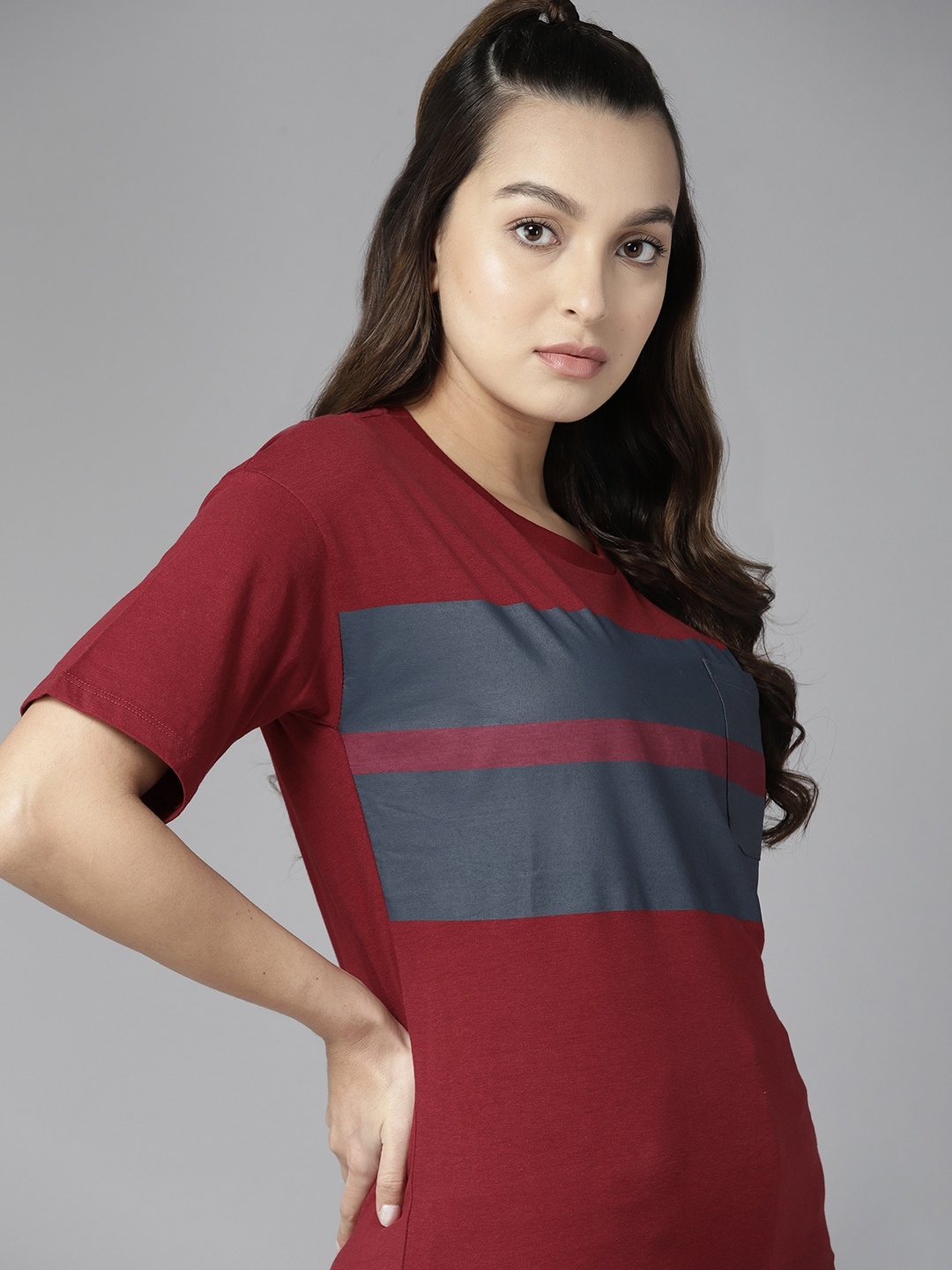 

The Roadster Lifestyle Co. Striped Pure Cotton Pocket Detail T-shirt, Maroon
