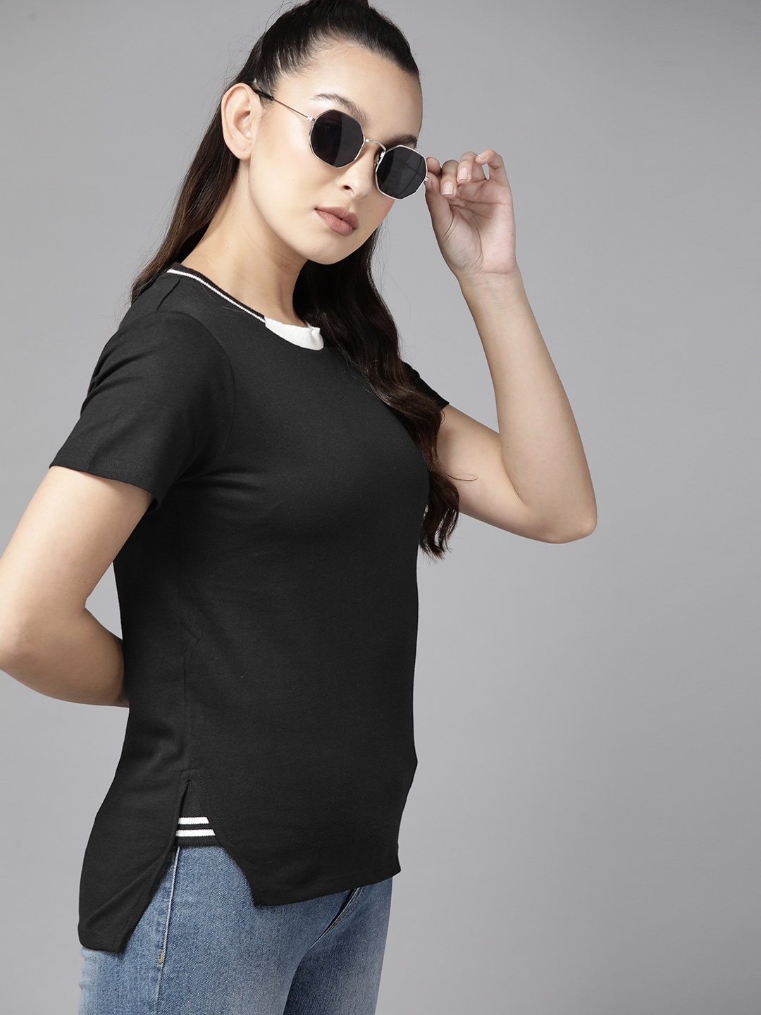 

The Roadster Lifestyle Co. Women Solid Pure Cotton T-shirt, Black