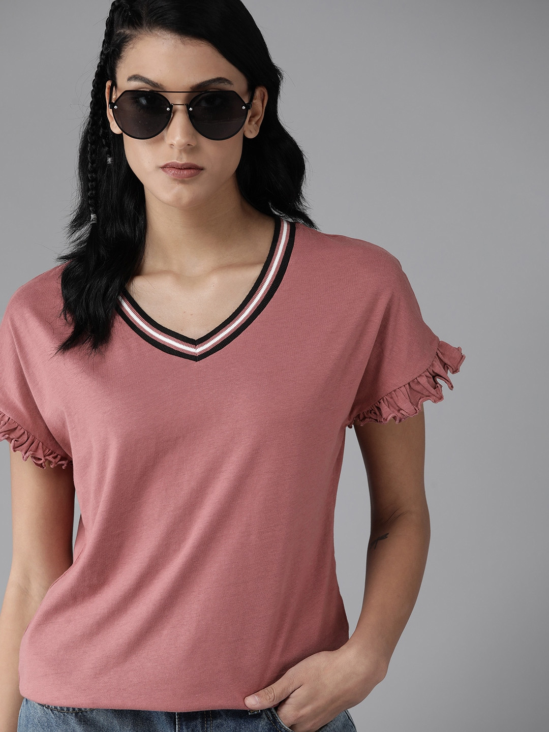 

The Roadster Lifestyle Co. Women Dusty Pink Solid Extended Sleeves Pure Cotton T-shirt, Rose