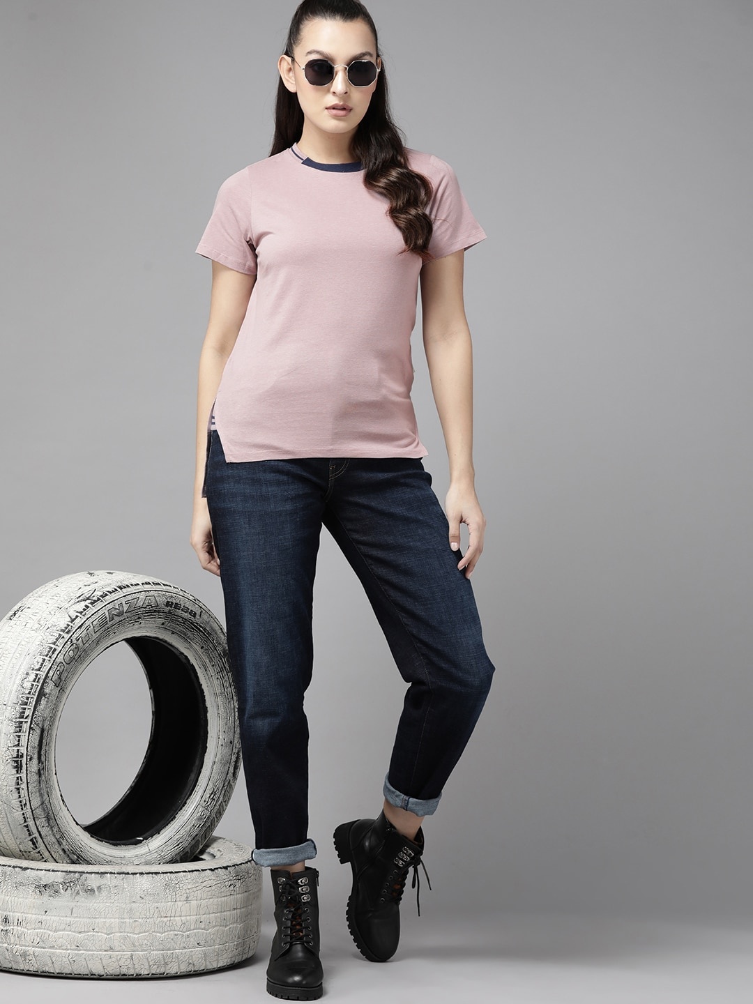 

The Roadster Lifestyle Co. Women Solid Pure Cotton T-shirt, Mauve