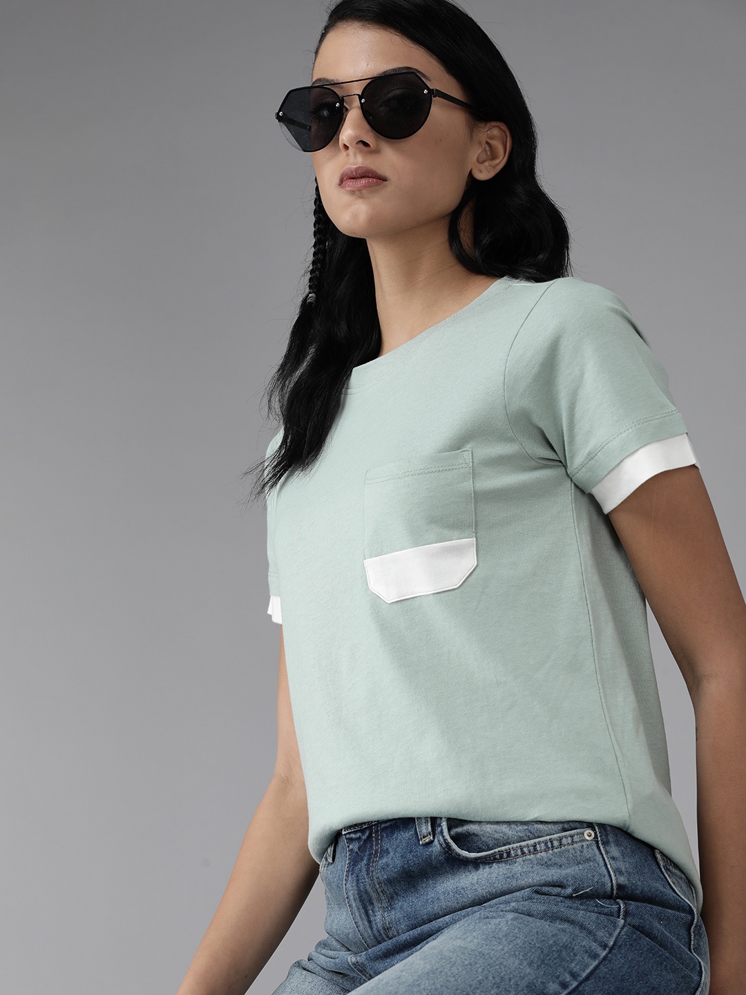 

The Roadster Lifestyle Co. Women Mint Green & White Solid Pure Cotton T-shirt