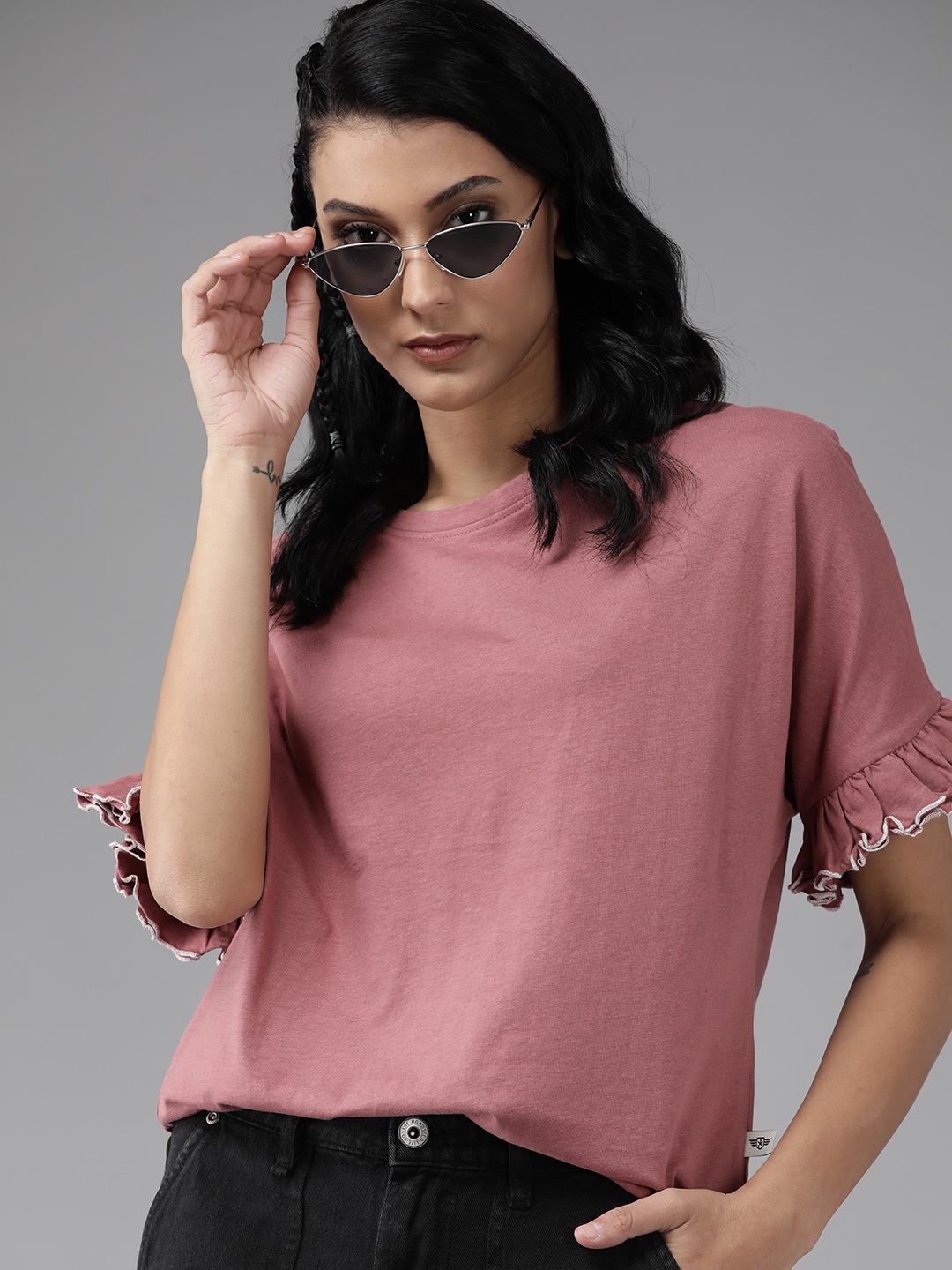 

Roadster Women Rose Solid Pure Cotton Extended Sleeves Top