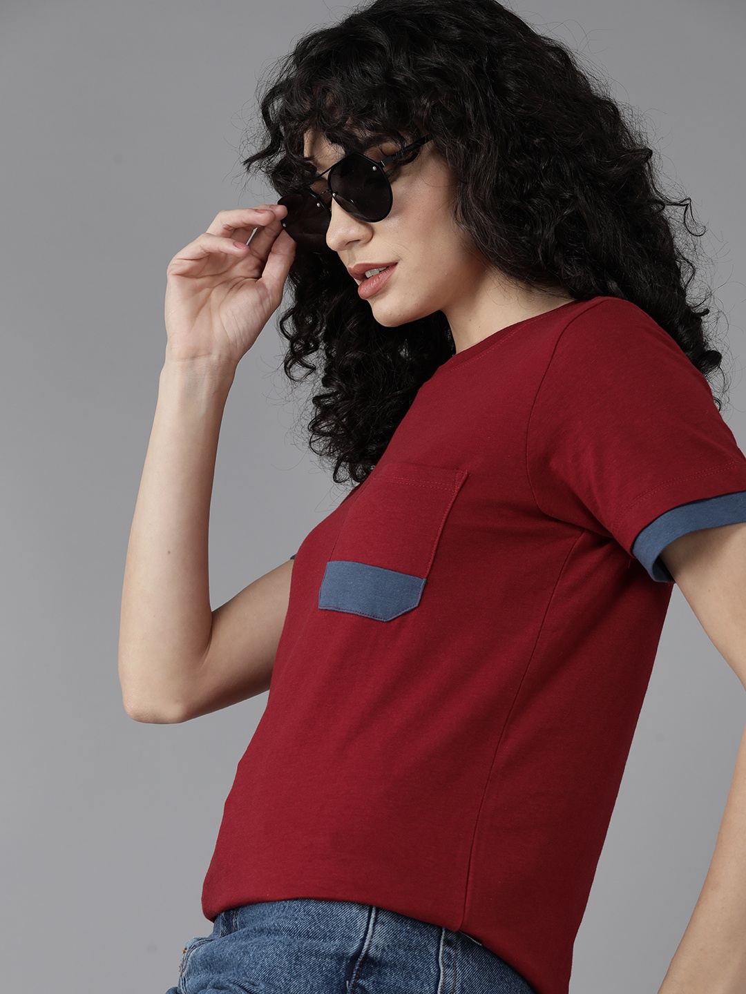 

The Roadster Lifestyle Co. Women Maroon Solid Pure Cotton T-shirt