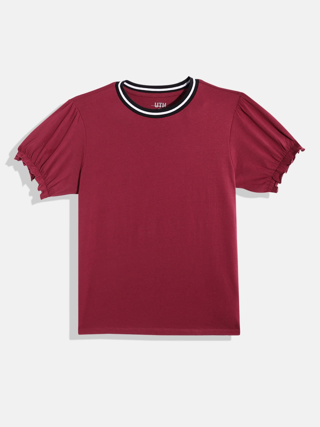 

UTH by Roadster Teen Girls Pure Cotton Round Neck Tops, Maroon