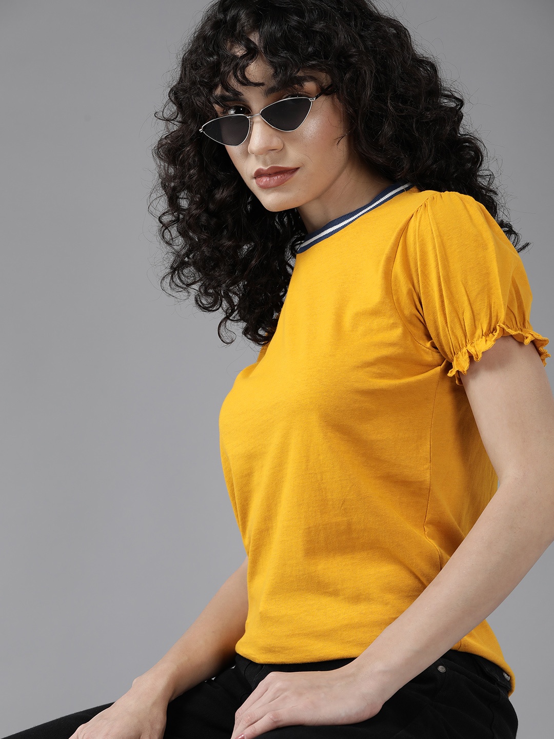

Roadster Women Mustard Yellow Solid Pure Cotton Puff Sleeves Top
