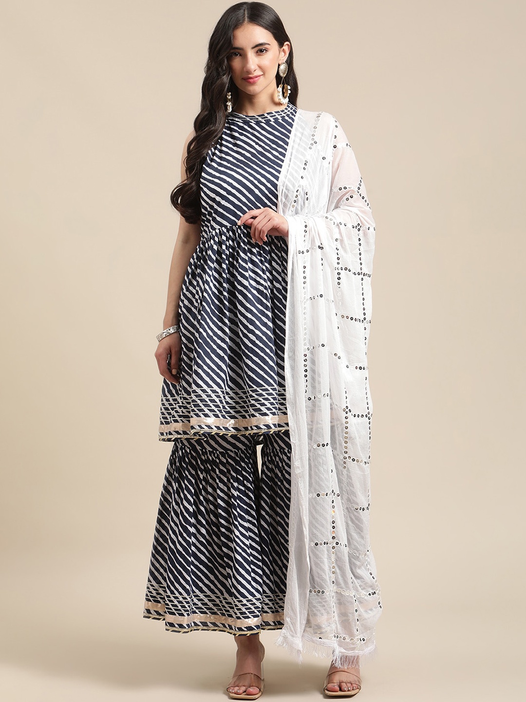 

Varanga Women Navy Blue Striped Empire Sequinned Kurta with Sharara & With Dupatta