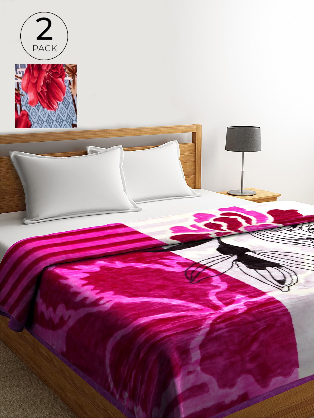 

KLOTTHE Pink & Grey Set of 2 Floral Heavy Winter Double Bed Blanket