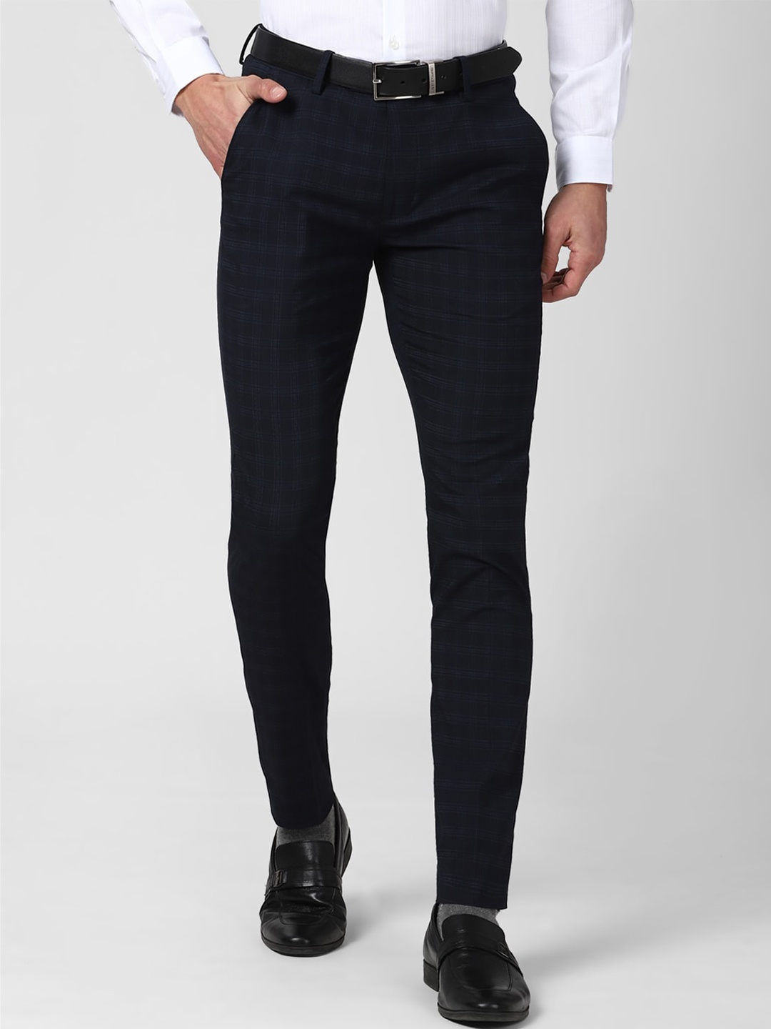 

Peter England Men Navy Blue Checked Slim Fit Trousers