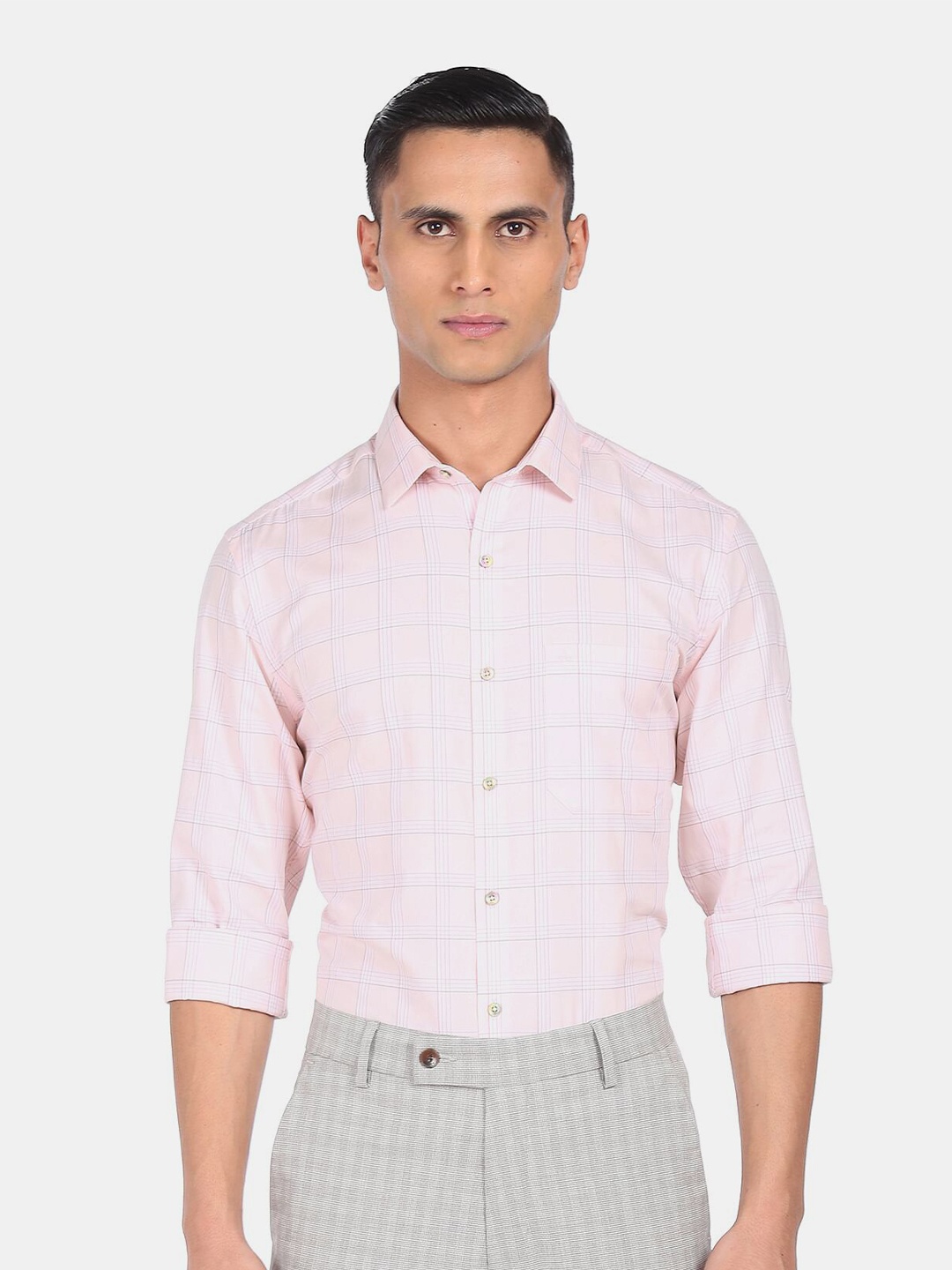 

Arrow Men Pink Windowpane Checks Checked Pure Cotton Formal Shirt